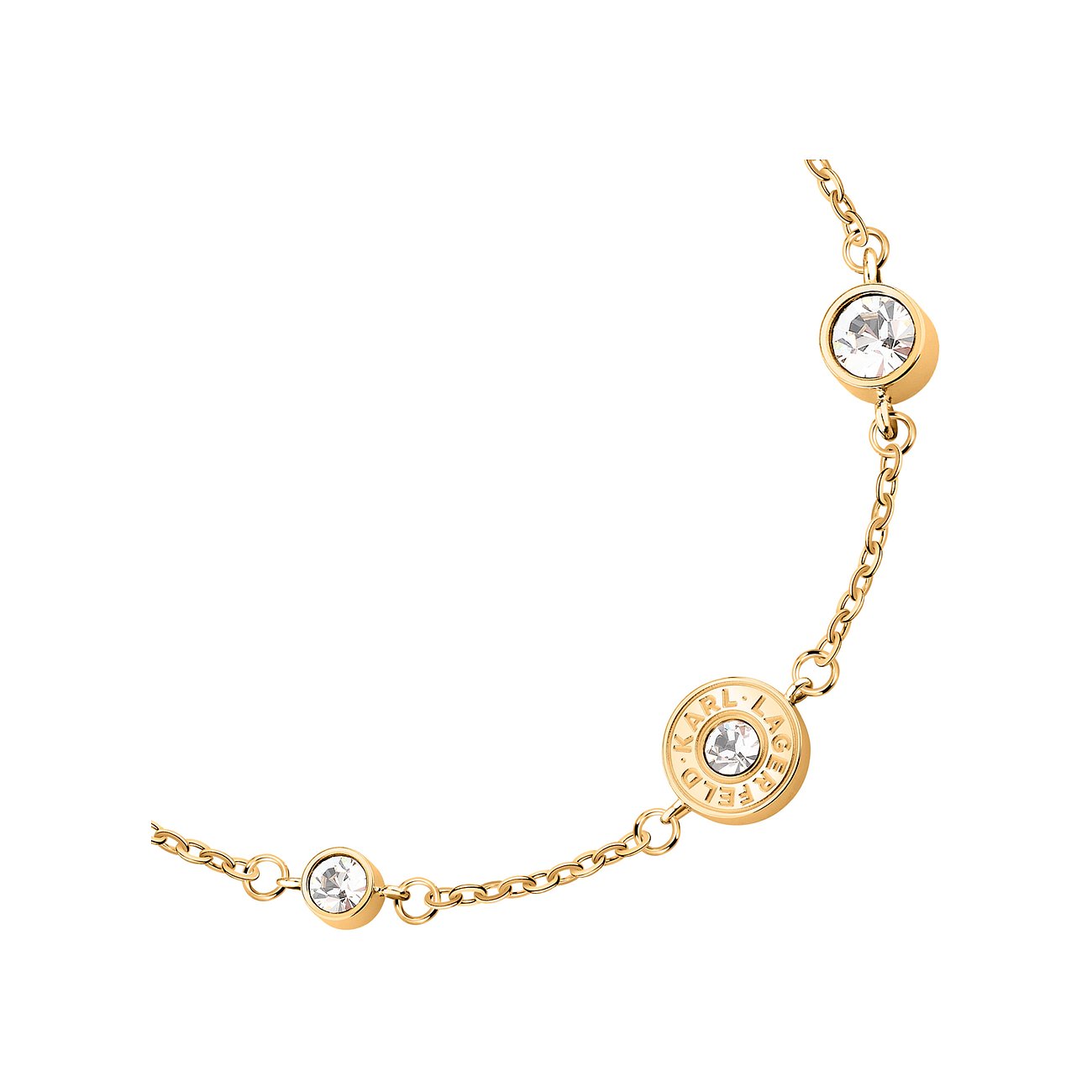 Karl Lagerfeld Armschmuck aus gelbgoldenem Edelstahl mit Kette und drei Kristallen.