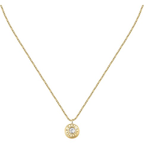 Karl Lagerfeld Halskette aus goldfarbenem Edelstahl mit rundem Anhänger und mittig platziertem Kristall.