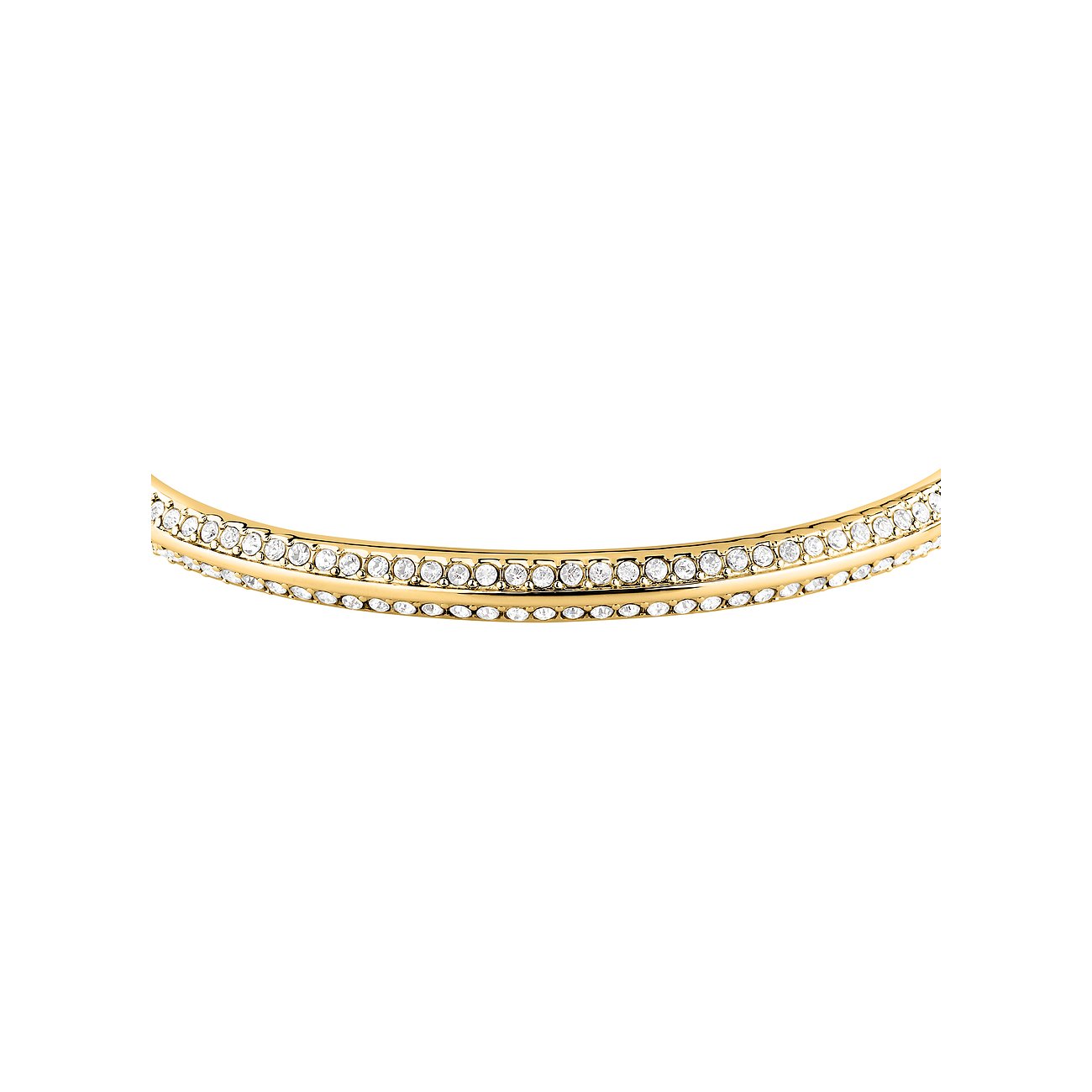 Karl Lagerfeld Armreif aus goldfarbenem Edelstahl besetzt mit zwei Reihen funkelnder Kristalle.