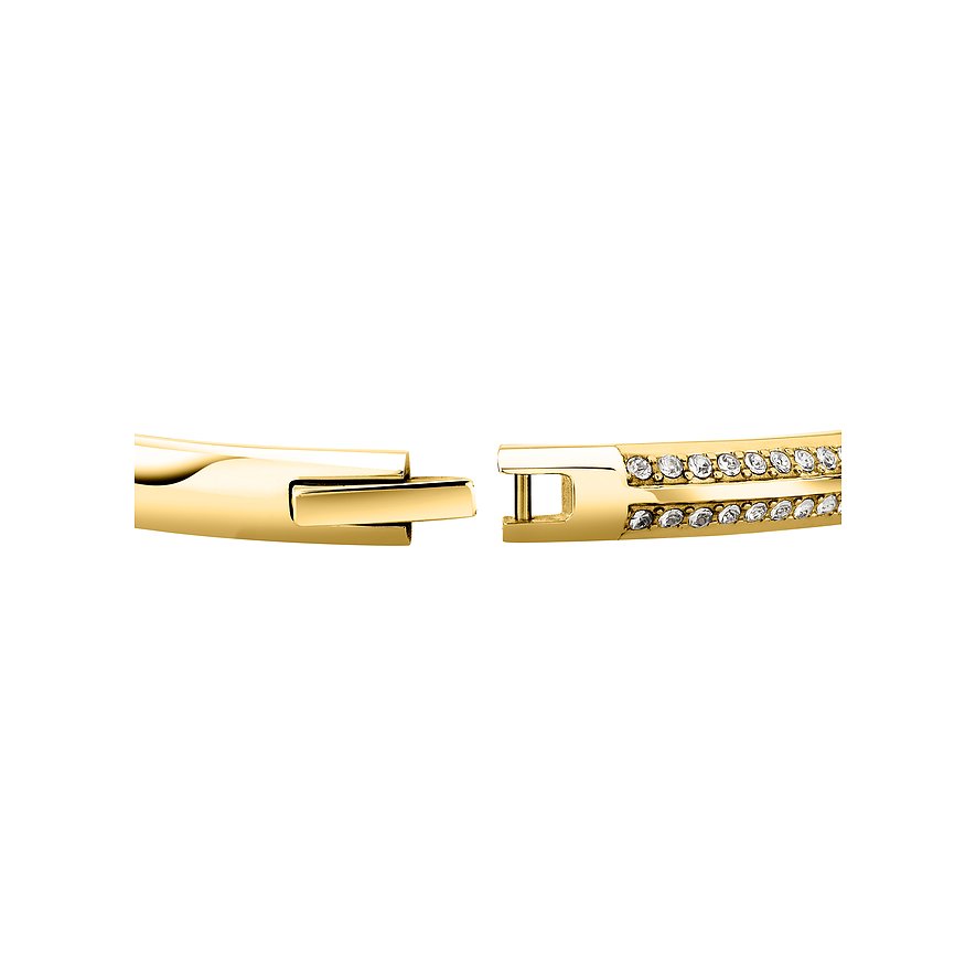 Nahaufnahme des Verschlusses eines Karl Lagerfeld Armbands aus goldfarbenem Edelstahl mit zwei Reihen Kristallen.