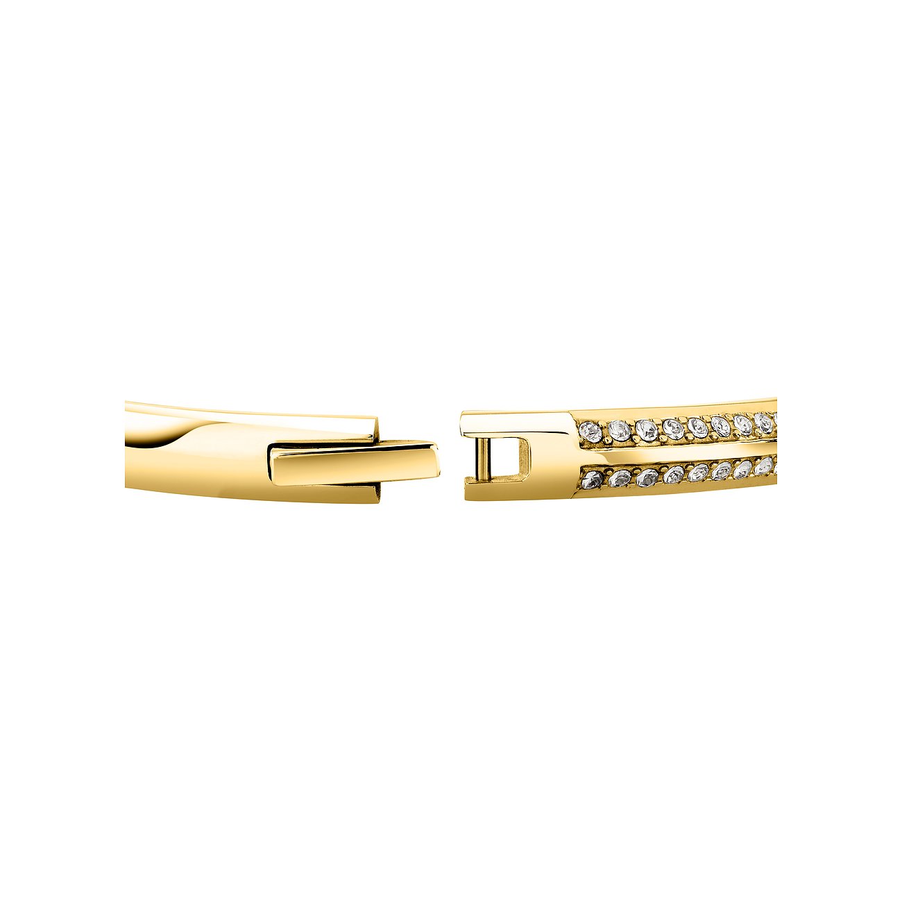 Nahaufnahme des Verschlusses eines Karl Lagerfeld Armbands aus goldfarbenem Edelstahl mit zwei Reihen Kristallen.