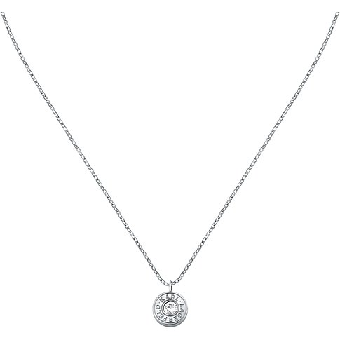 Karl Lagerfeld Halskette aus Edelstahl mit einem runden Anhänger und klarem Kristall in der Mitte.