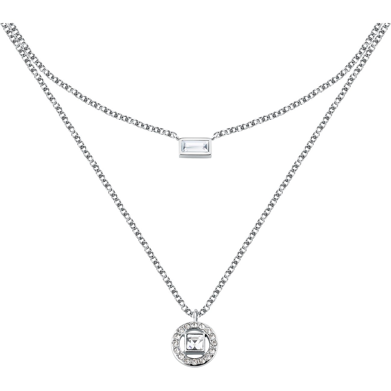 Karl Lagerfeld Halsschmuck aus Edelstahl mit zwei Ketten und Kristallen. Eine Kette hat einen länglichen Kristall, die andere einen runden Rahmen mit funkelnden Kristallen.