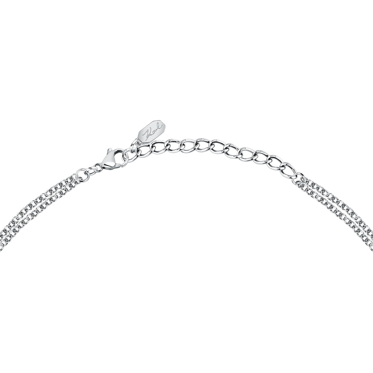 Nahaufnahme der Karl Lagerfeld Halskette aus Edelstahl mit Verlängerungskettchen und Karabinerverschluss.