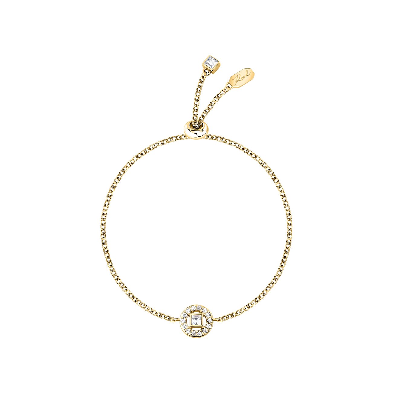 Bracciale a breloque Karl Lagerfeld da donna in acciaio inossidabile color oro con cristalli tondi e quadrati.