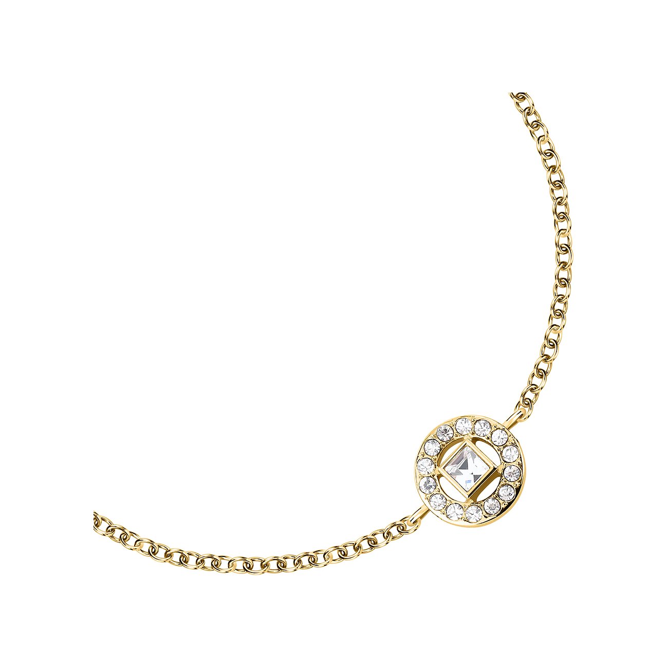 Bracciale Karl Lagerfeld in acciaio inossidabile color oro con cristalli rotondi e quadrati.