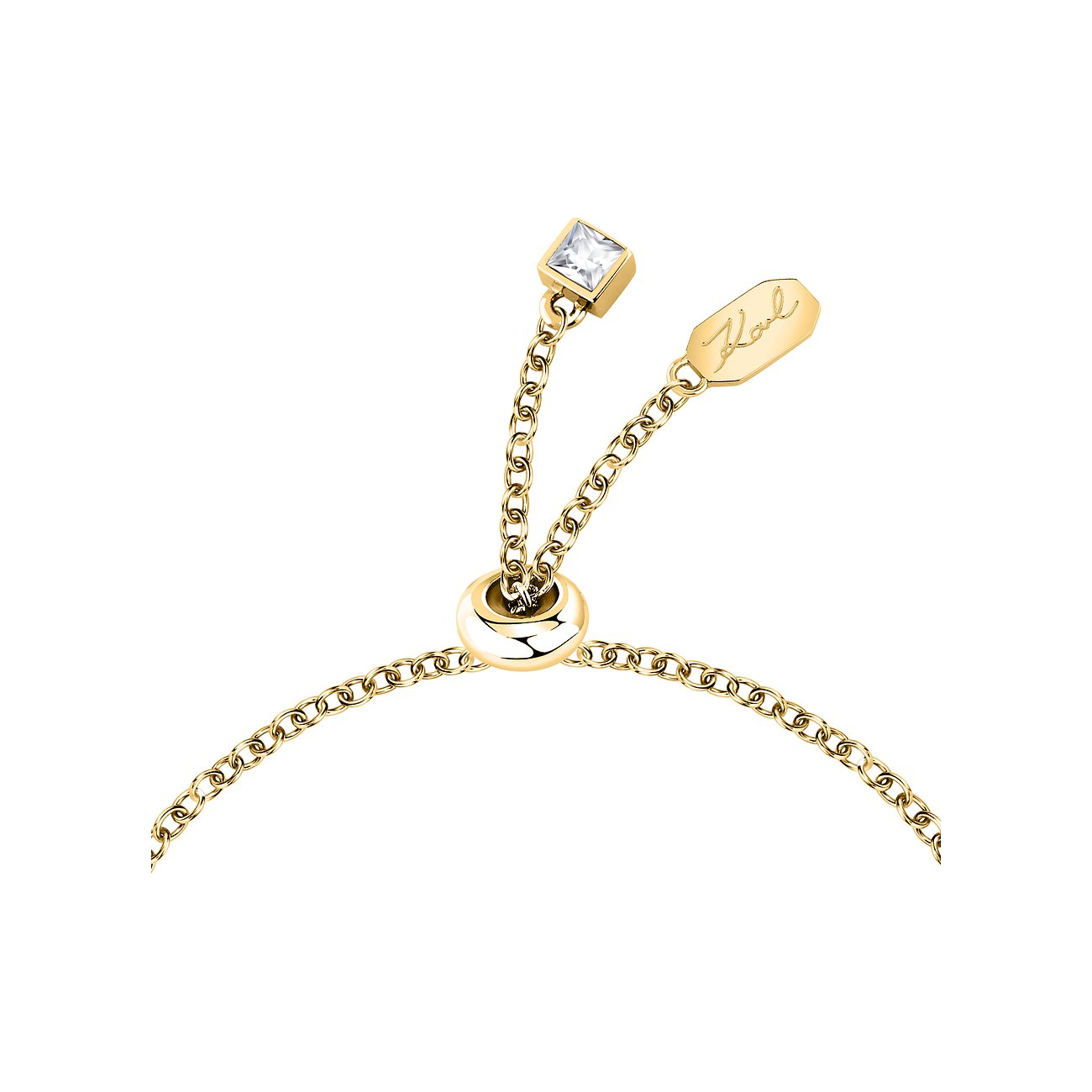 Primo piano di un bracciale Karl Lagerfeld in acciaio inossidabile color oro con cristalli e ciondolo.