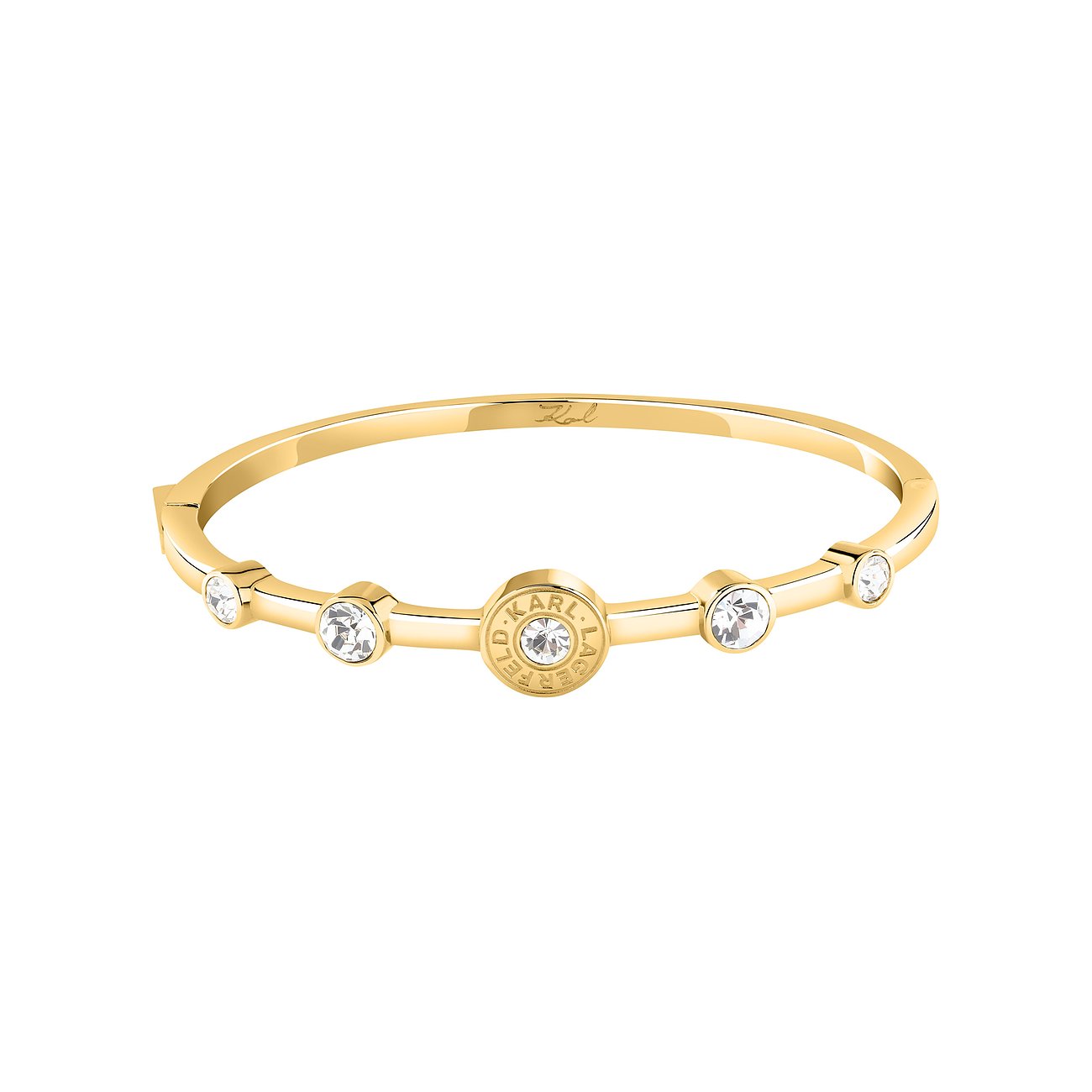 Bracciale Karl Lagerfeld in acciaio dorato, cinque cristalli bianchi scintillanti, su uno sfondo bianco.