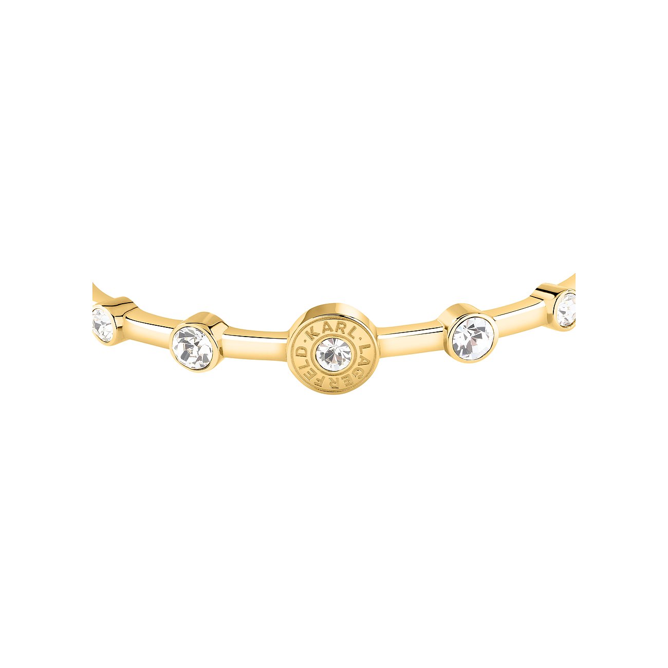 Bracciale Karl Lagerfeld color oro in acciaio inossidabile con cristalli scintillanti e logo del brand.