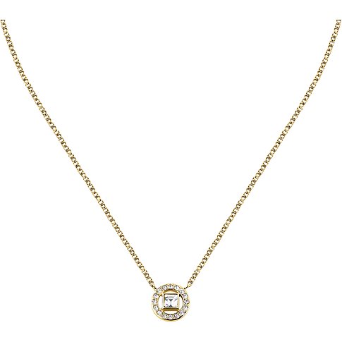 Karl Lagerfeld Halskette aus goldfarbenem Edelstahl mit kreisförmigem Anhänger, der einen rechteckigen Kristall fasst.