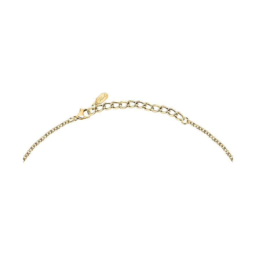 Close-up des goldenen Kettenverschlusses der Karl Lagerfeld Halskette aus Edelstahl mit Verlängerungskette.