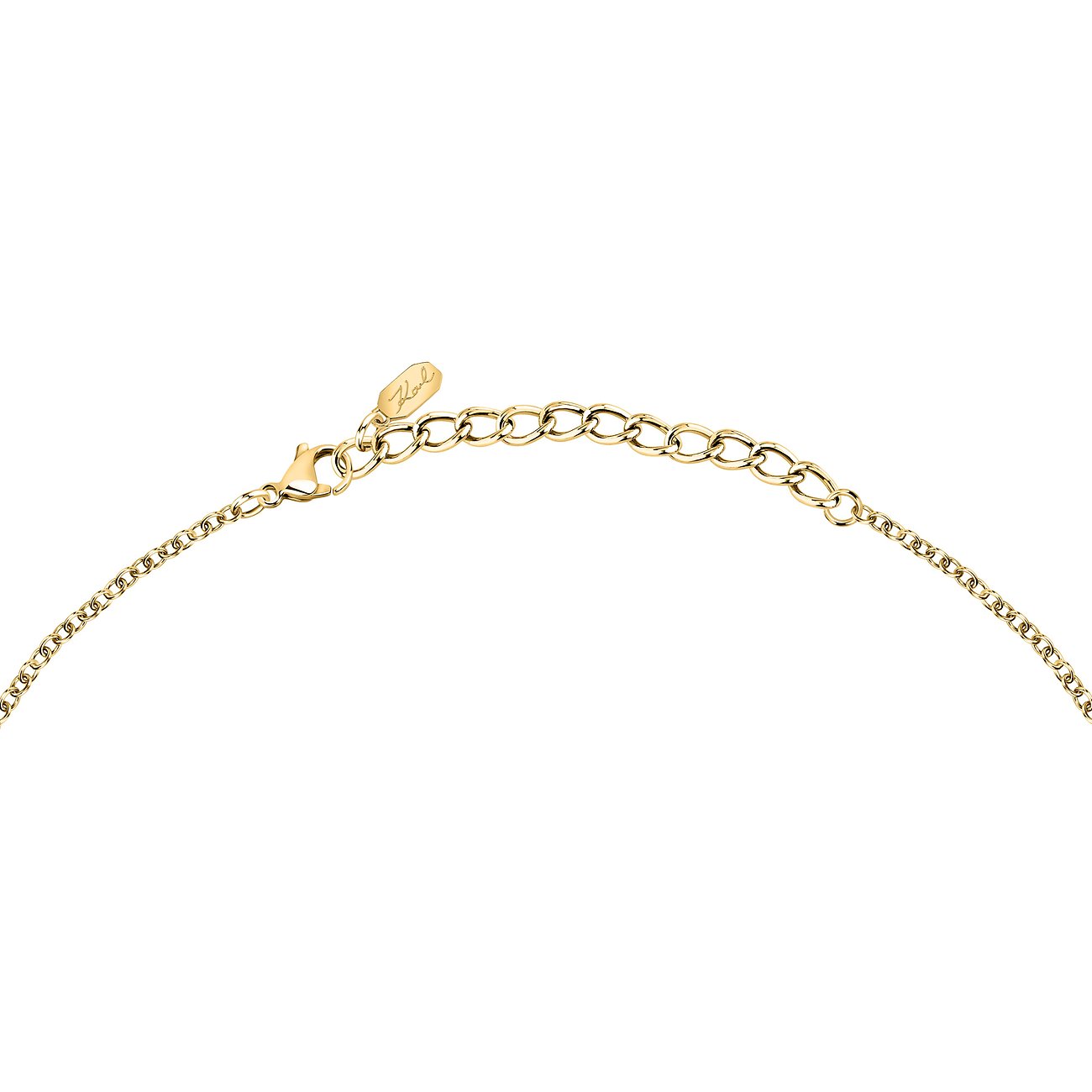 Close-up des goldenen Kettenverschlusses der Karl Lagerfeld Halskette aus Edelstahl mit Verlängerungskette.