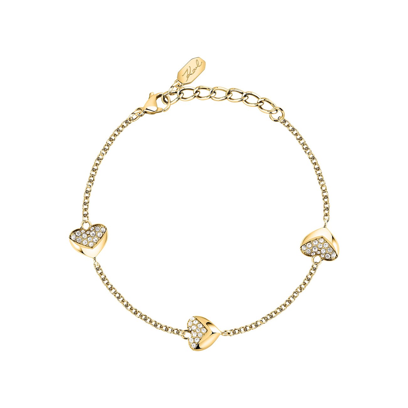 Karl Lagerfeld Armband aus goldfarbenem Edelstahl mit drei herzförmigen Anhängern, besetzt mit vielen funkelnden Kristallen.