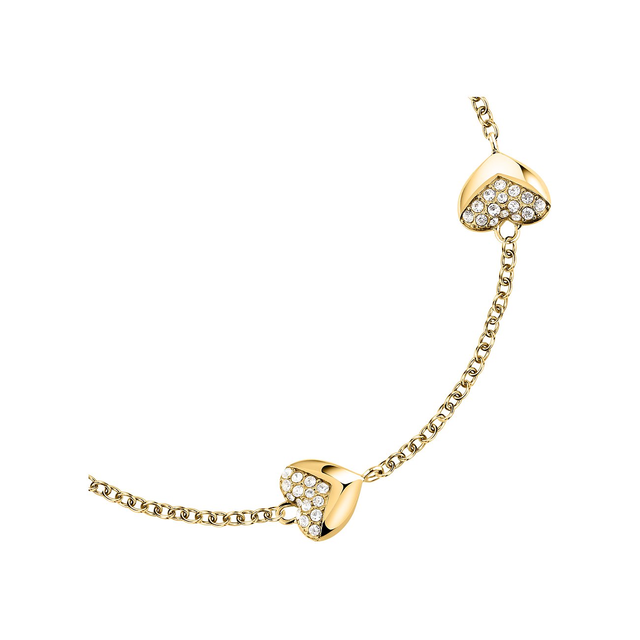 Karl Lagerfeld Armschmuck aus goldfarbenem Edelstahl mit zwei herzförmigen Anhängern, besetzt mit funkelnden Kristallen.