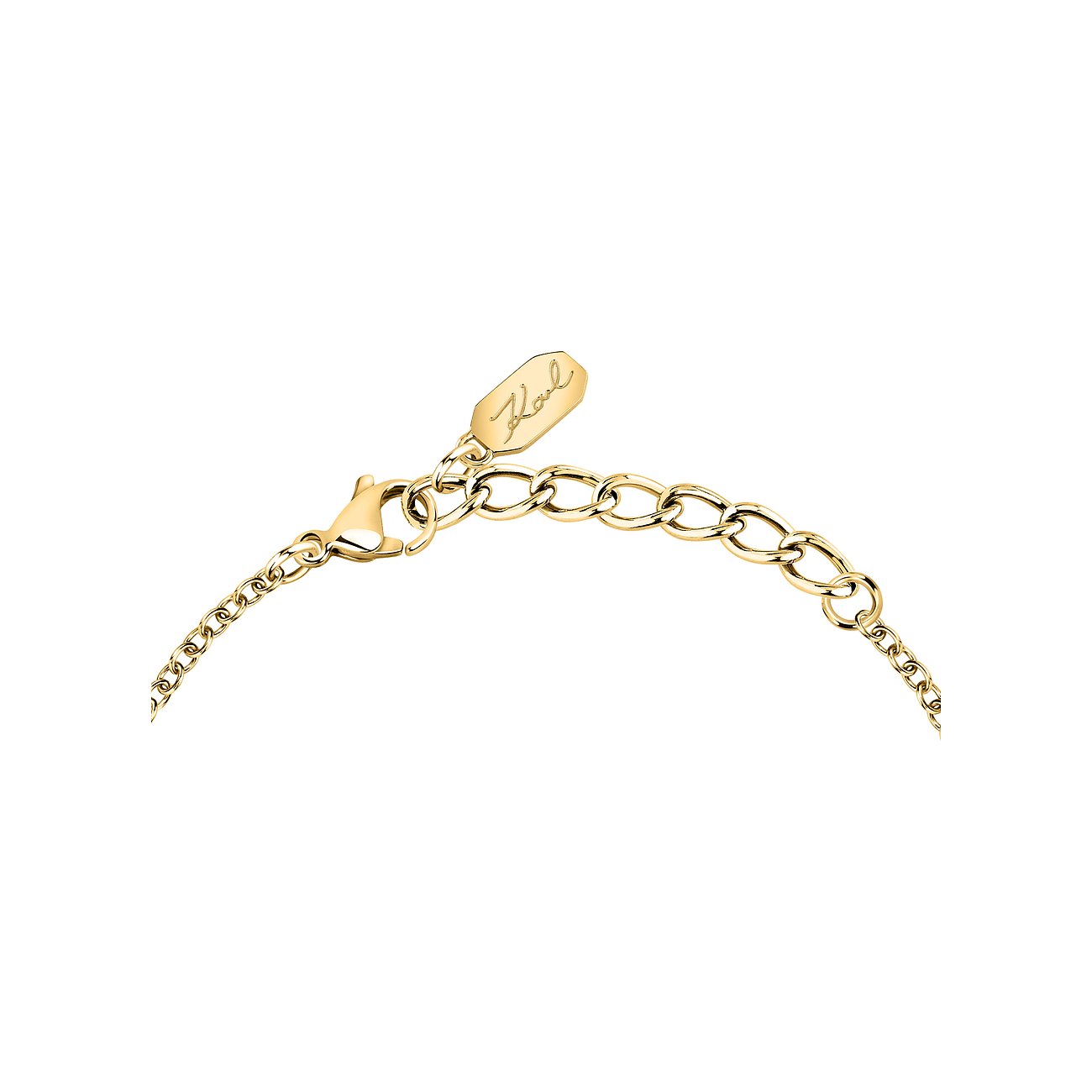 Nahaufnahme der Schließe und Längenverstellung des Karl Lagerfeld Armbands aus goldenem Edelstahl mit Karabinerverschluss.