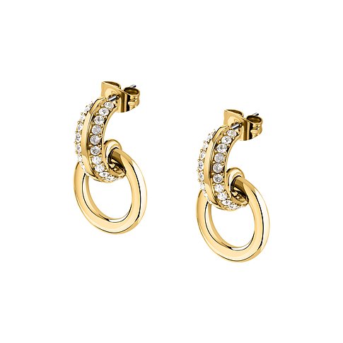 Karl Lagerfeld Ohrschmuck aus gelb vergoldetem Edelstahl mit einer Reihe Kristallen und einem ovalen Ring.