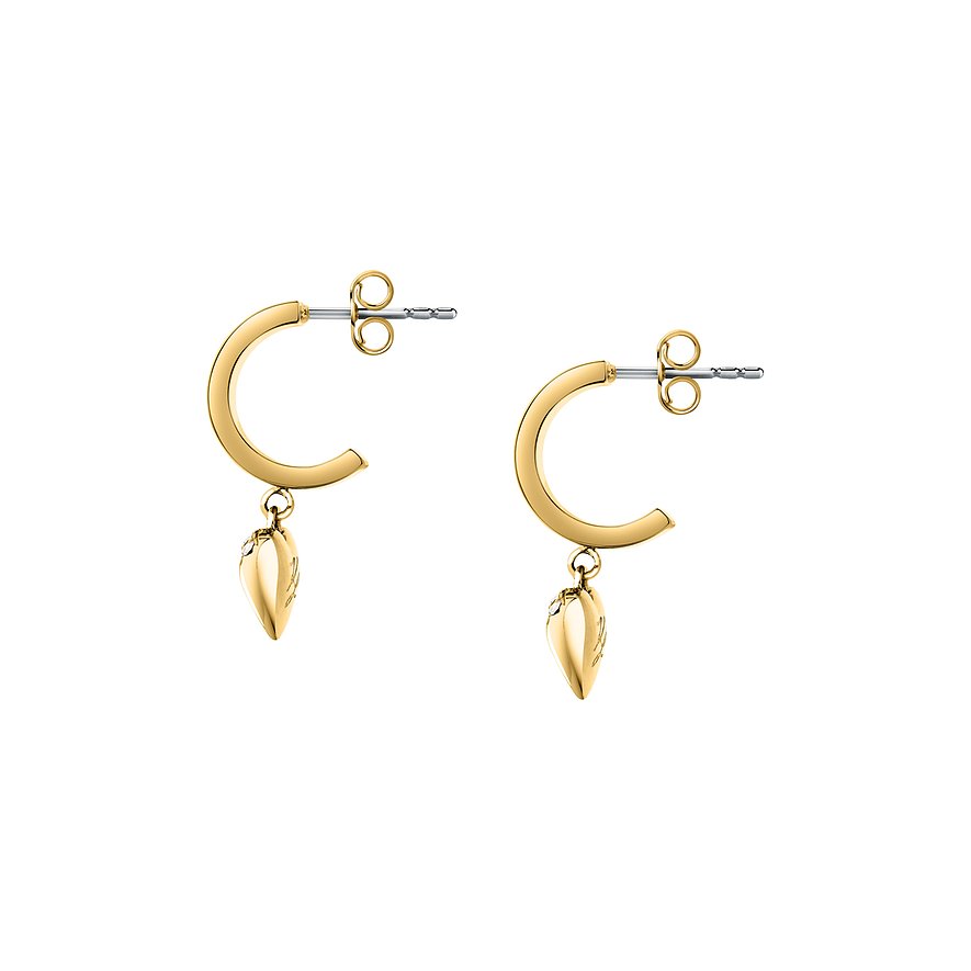 Karl Lagerfeld Ohrschmuck aus goldfarbenem Edelstahl mit Herzanhänger und einem winzigen Kristall.