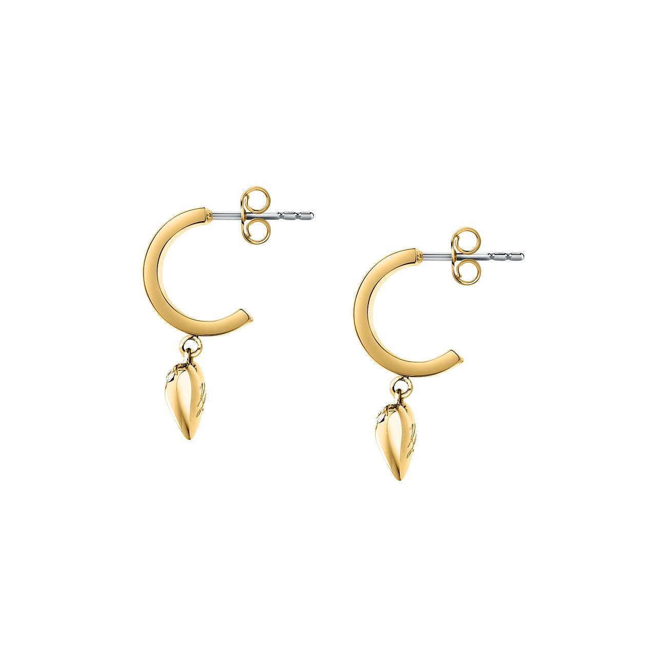 Karl Lagerfeld Ohrschmuck aus goldfarbenem Edelstahl mit Herzanhänger und einem winzigen Kristall.