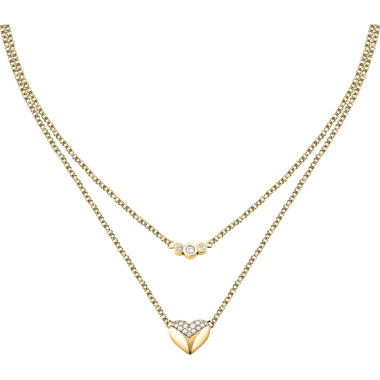 Karl Lagerfeld Halskette aus goldfarbenem Edelstahl mit doppeltem Kettenlayer, besetzt mit funkelnden Kristallen.