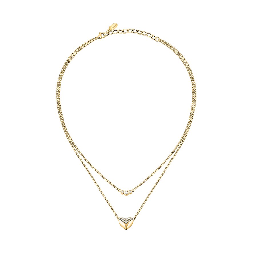 Karl Lagerfeld goldfarbene Edelstahlkette mit doppeltem Kettenhalsband, Herz mit Kristallverzierung und rundem Kristallanhänger.