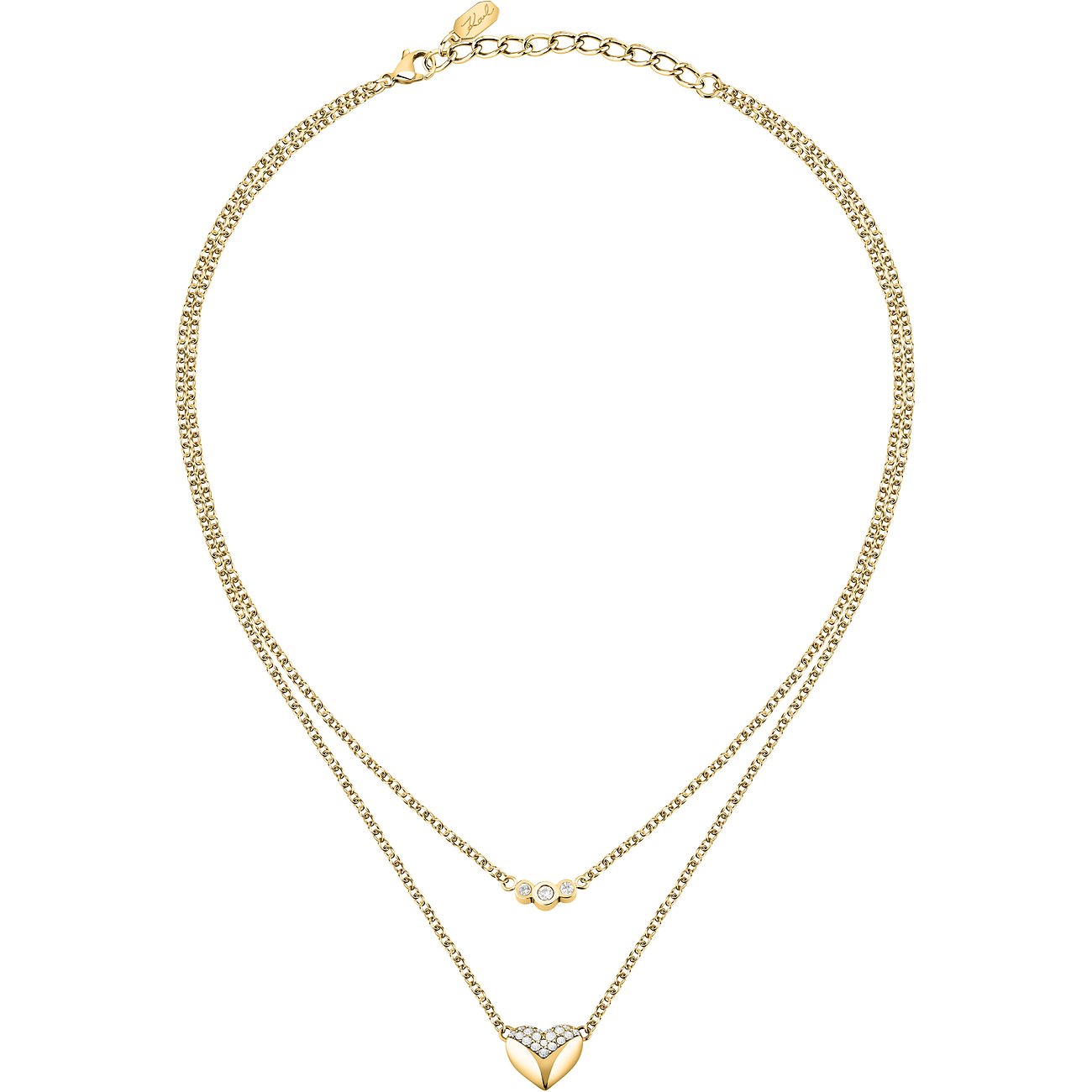 Karl Lagerfeld goldfarbene Edelstahlkette mit doppeltem Kettenhalsband, Herz mit Kristallverzierung und rundem Kristallanhänger.