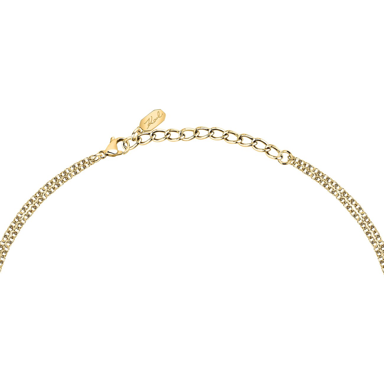 Der Verschluss einer Karl Lagerfeld Halskette aus goldfarbenem Edelstahl ist zu sehen.