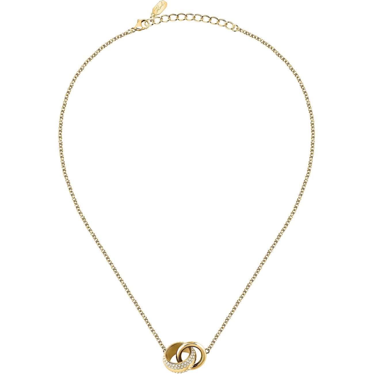 Karl Lagerfeld Halskette aus goldfarbenem Edelstahl mit zwei ineinander verschlungenen Ringen, einer davon mit Kristallen.