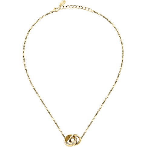 Karl Lagerfeld Halskette aus goldfarbenem Edelstahl mit zwei ineinander verschlungenen Ringen, einer davon mit Kristallen.