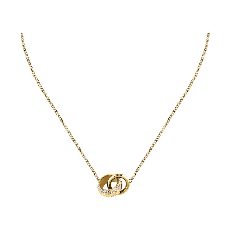 Karl Lagerfeld Halskette aus goldfarbenem Edelstahl mit zwei ineinandergreifenden Ringen, einer davon mit Kristallen.