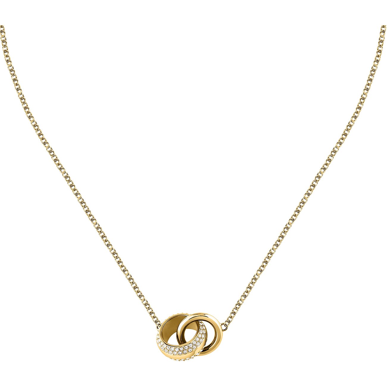 Karl Lagerfeld Halskette aus goldfarbenem Edelstahl mit zwei ineinandergreifenden Ringen, einer davon mit Kristallen.