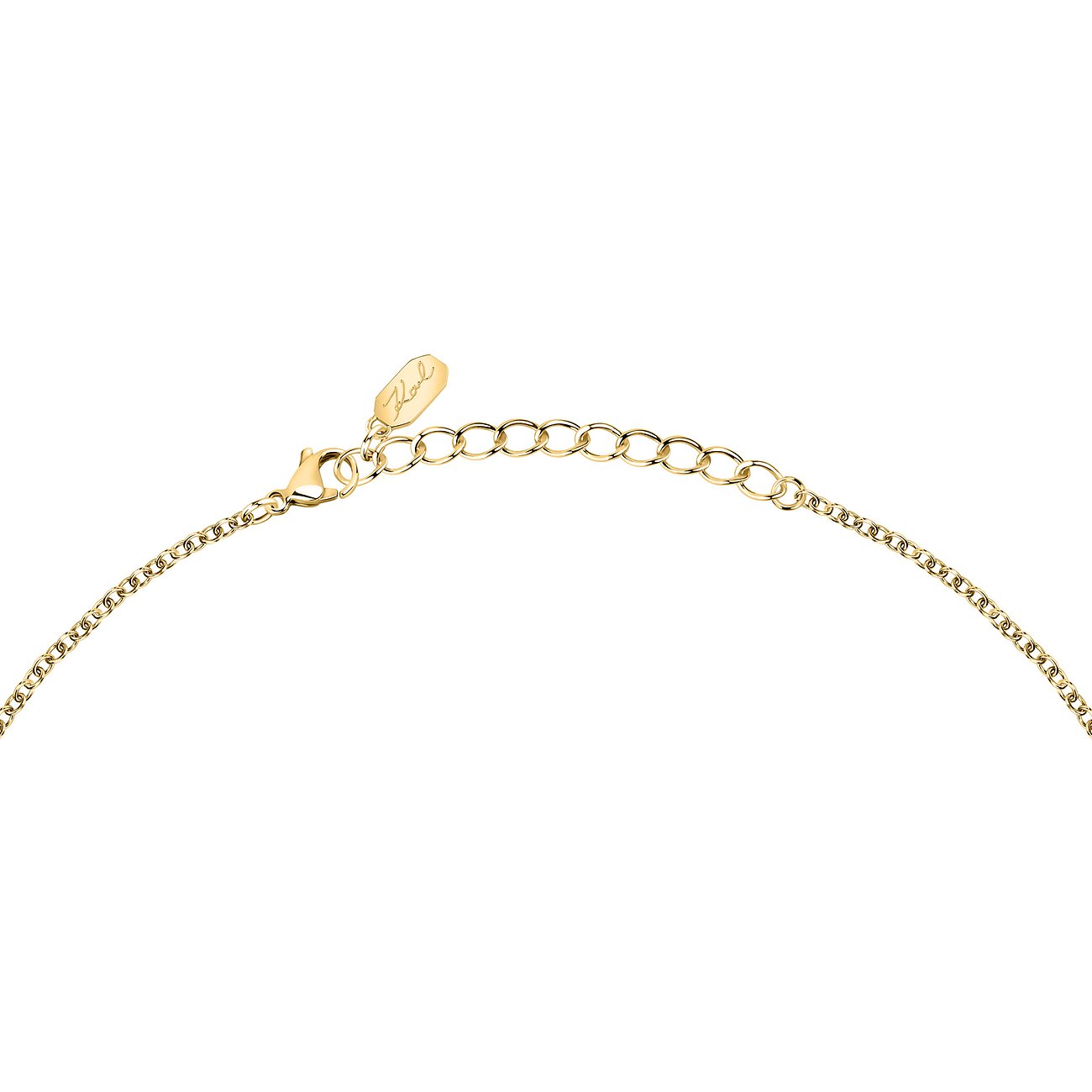 Nahaufnahme des goldfarbenen Edelstahl-Verschlusses einer Karl Lagerfeld Halskette mit Verl Rungskettchen.