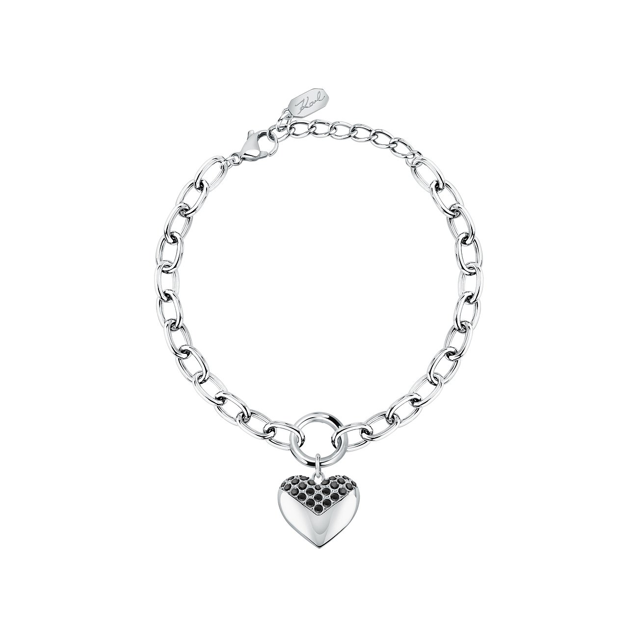 Karl Lagerfeld Armschmuck aus Edelstahl mit Kettengliedern und Herzanhänger mit schwarzen Kristallen.