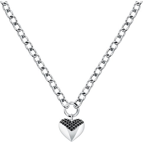 Collier Karl Lagerfeld en acier inoxydable avec pendentif cœur, orné de cristaux noirs, vue frontale.