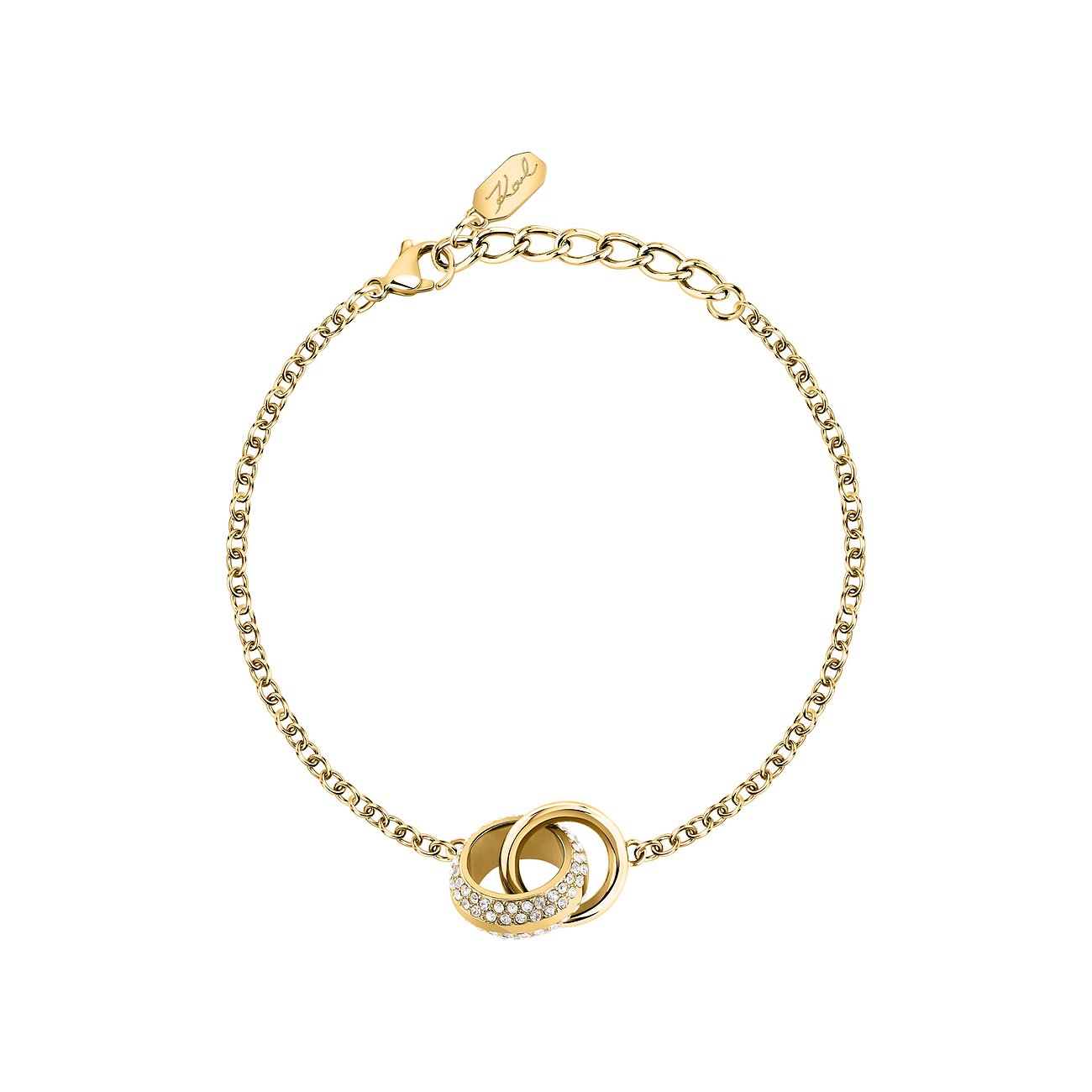 Karl Lagerfeld Armband aus goldfarbenem Edelstahl mit zwei ineinandergreifenden Ringen, einer davon mit Kristallen.