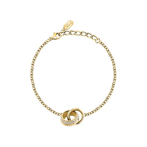 Karl Lagerfeld Armband aus goldfarbenem Edelstahl mit zwei ineinandergreifenden Ringen, einer davon mit Kristallen.