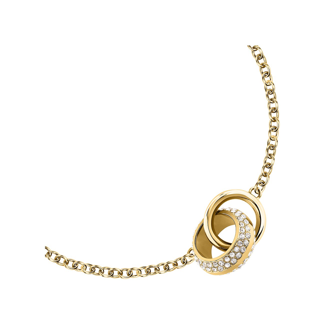 Karl Lagerfeld Armband aus goldfarbenem Edelstahl mit zwei ineinandergreifenden Ringen, einer davon mit Kristallen besetzt.