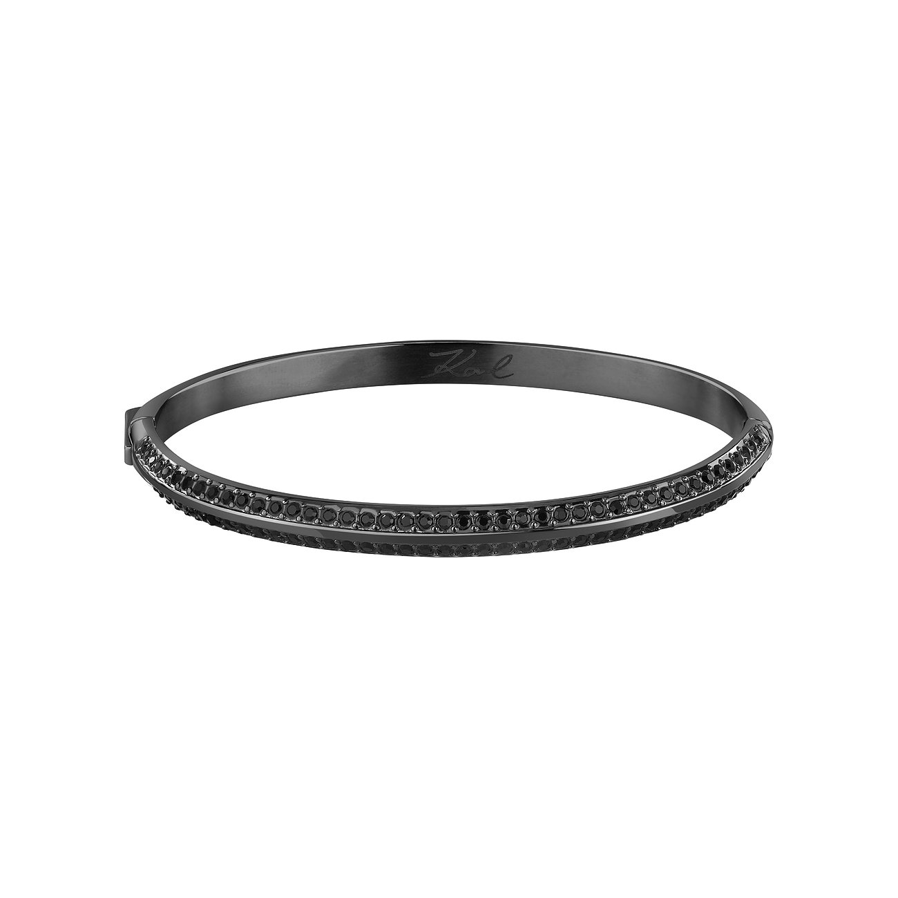 Bracciale rigido Karl Lagerfeld in acciaio inossidabile nero con cristalli scintillanti su sfondo bianco.