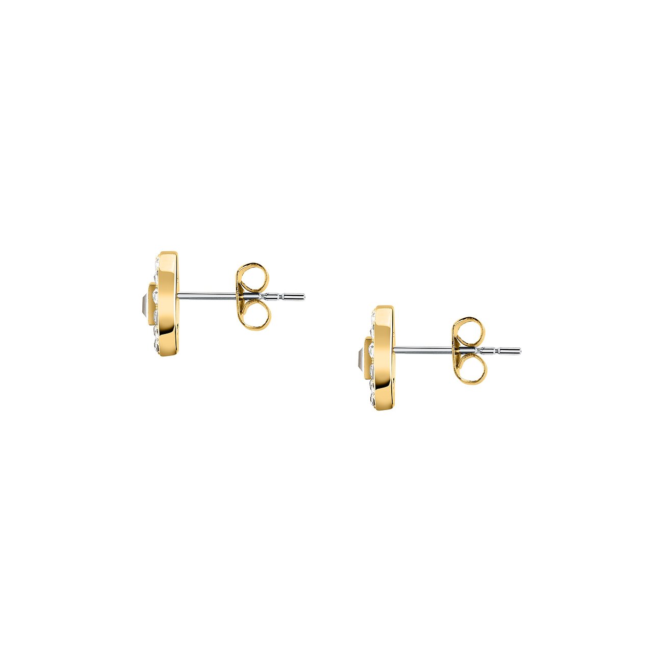 Ein Paar goldfarbene Ohrschmuck von Karl Lagerfeld aus Edelstahl mit Kristallen, von der Seite dargestellt.