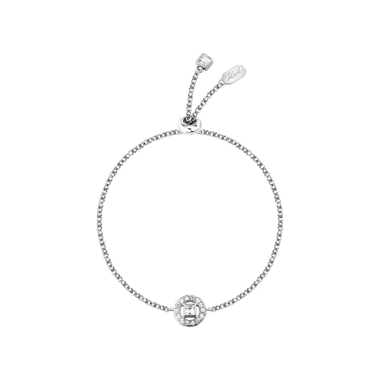 Bracciale Karl Lagerfeld in acciaio inox con design a catena, ciondolo rotondo con cristalli e pietra quadrata.