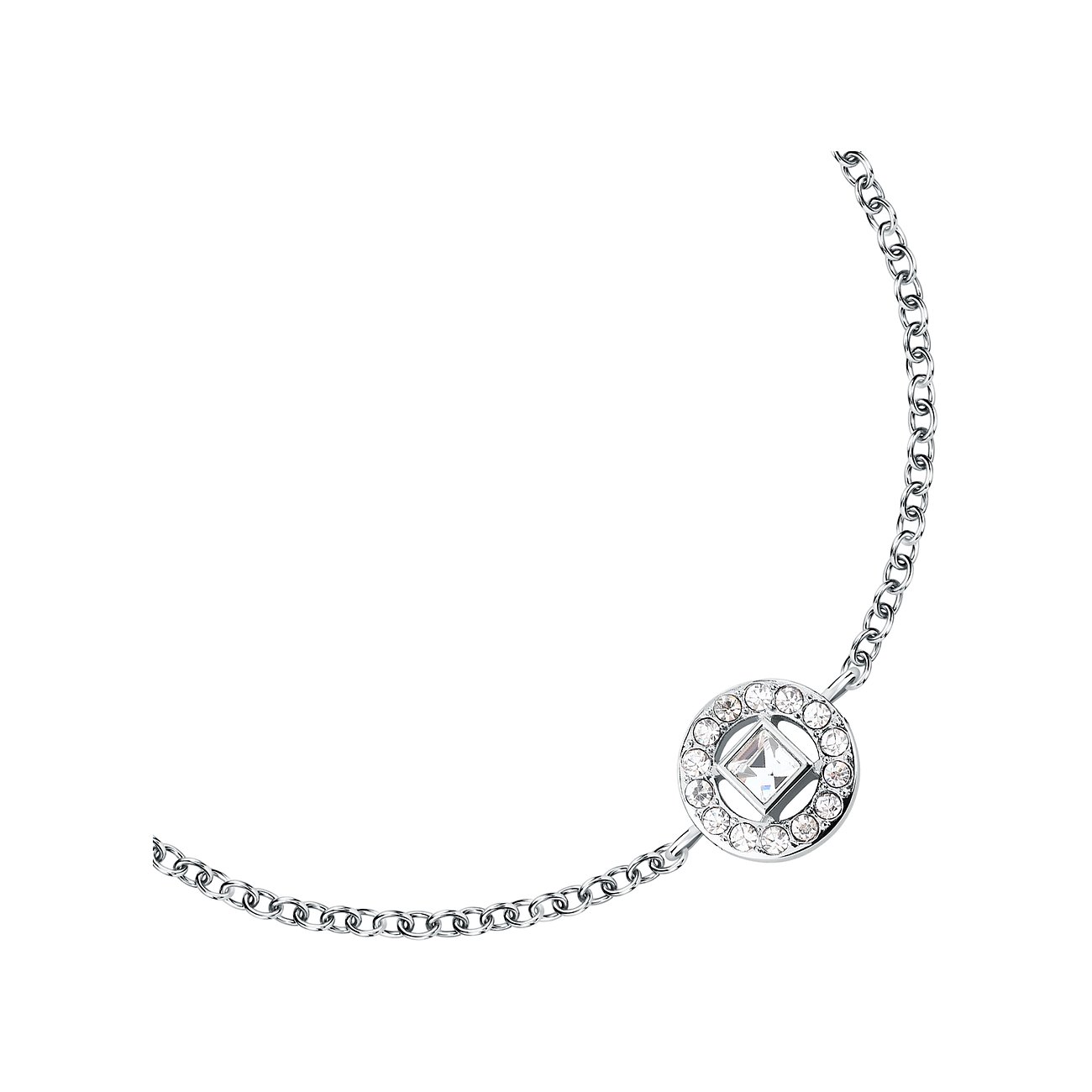 Bracciale Karl Lagerfeld in acciaio inossidabile color argento con ornamento rotondo, impreziosito da cristalli chiari.