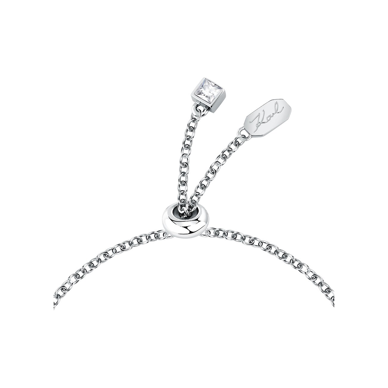 Bracciale Karl Lagerfeld in acciaio con cristalli, chiusura scorrevole color argento.