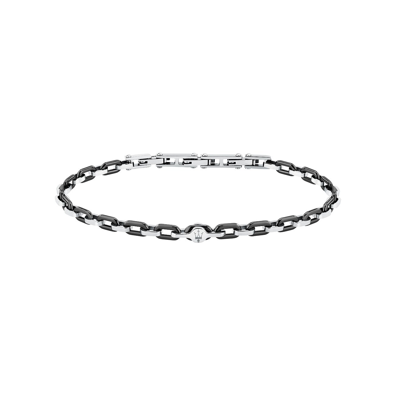 Bracelet Maserati en acier inoxydable, composé d'éléments argentés et de maillons de chaîne noirs.