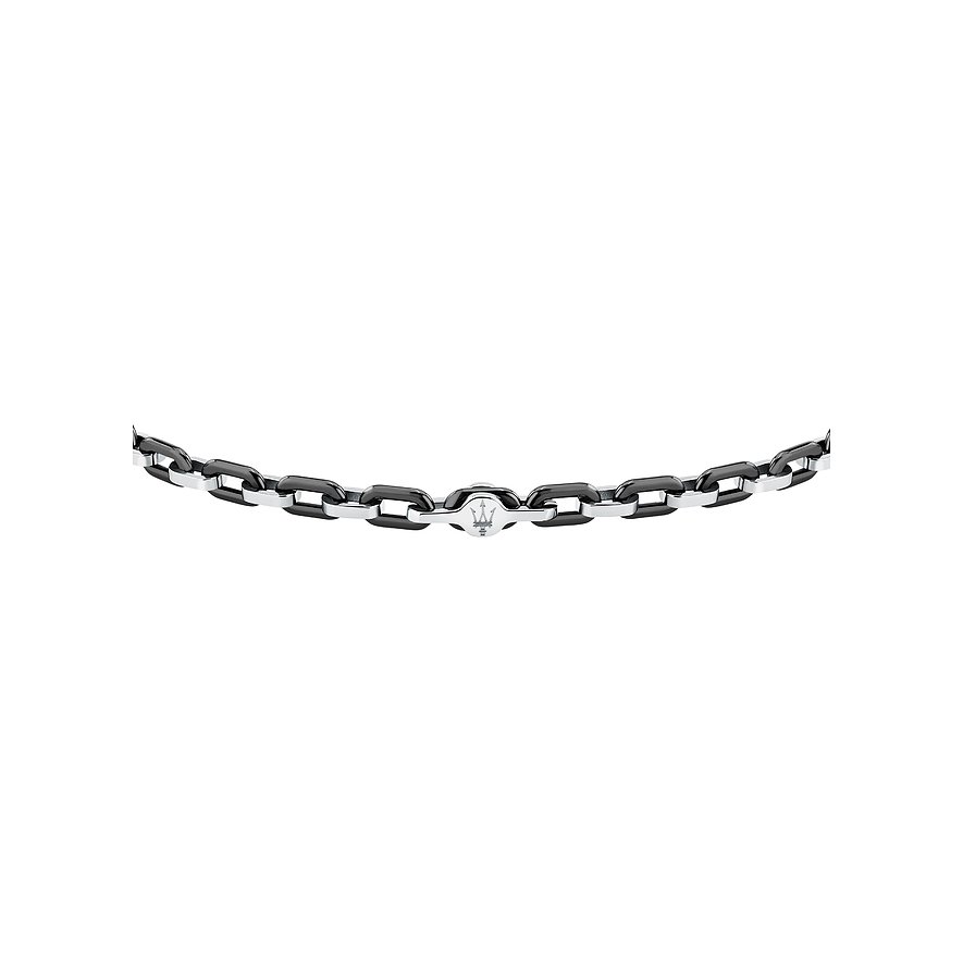 Bracelet Maserati en acier inoxydable avec maillons alternés argent et noir, logo de la marque au centre.