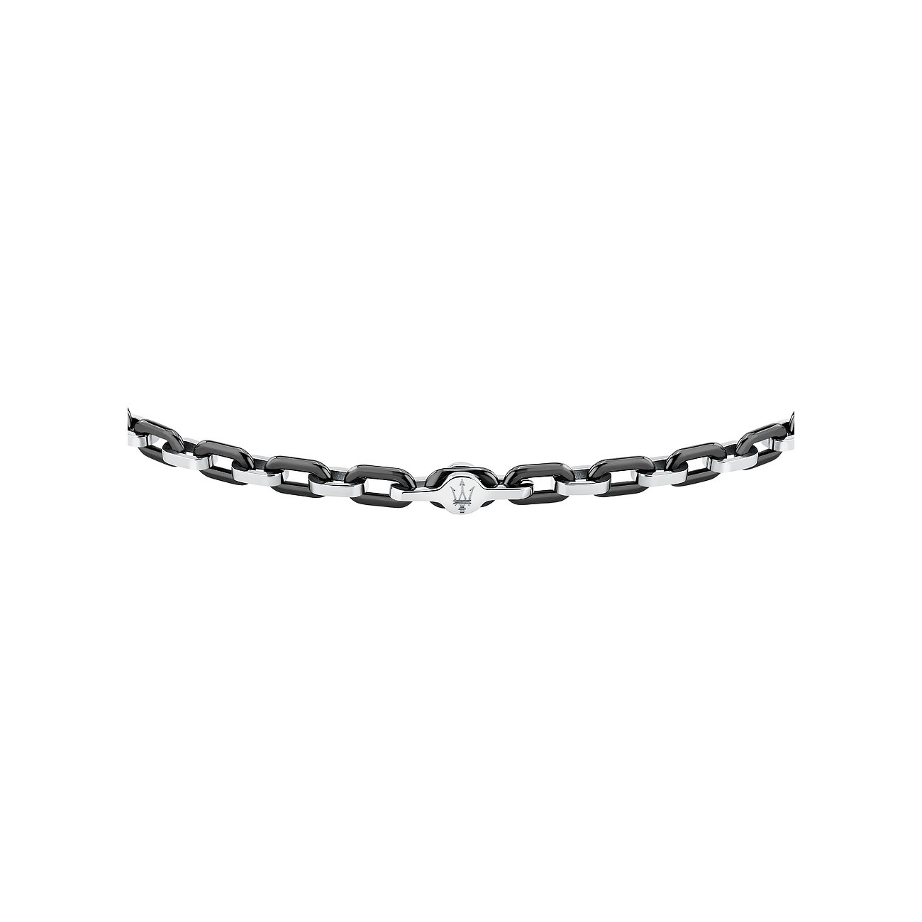 Bracelet Maserati en acier inoxydable avec maillons alternés argent et noir, logo de la marque au centre.