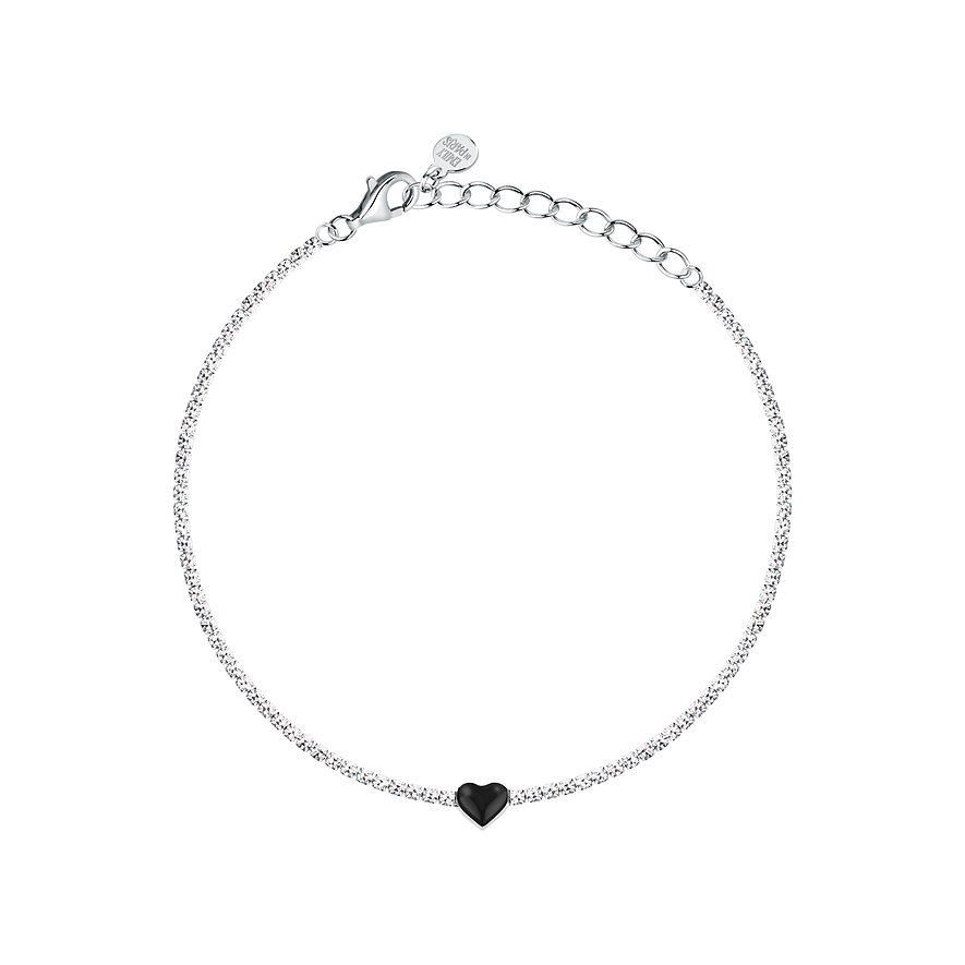 La Petite Story silverarmband med zirkonia och ett enkelt svart hjärtformat hänge.