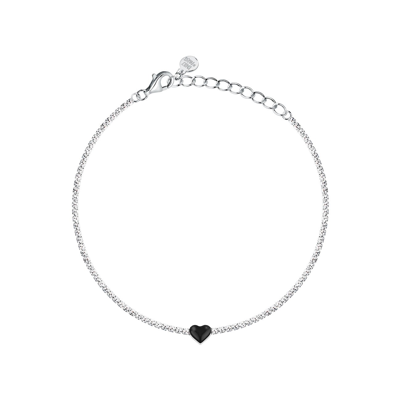 La Petite Story silverarmband med zirkonia och ett enkelt svart hjärtformat hänge.