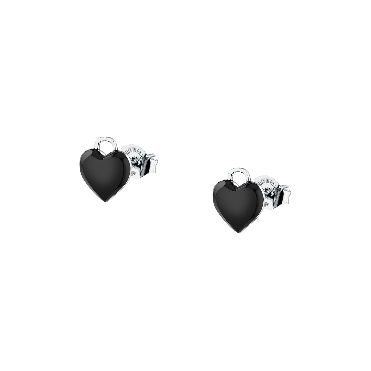 La Petite Story hartoorstekers van 925 zilver met zwart email op een witte achtergrond.