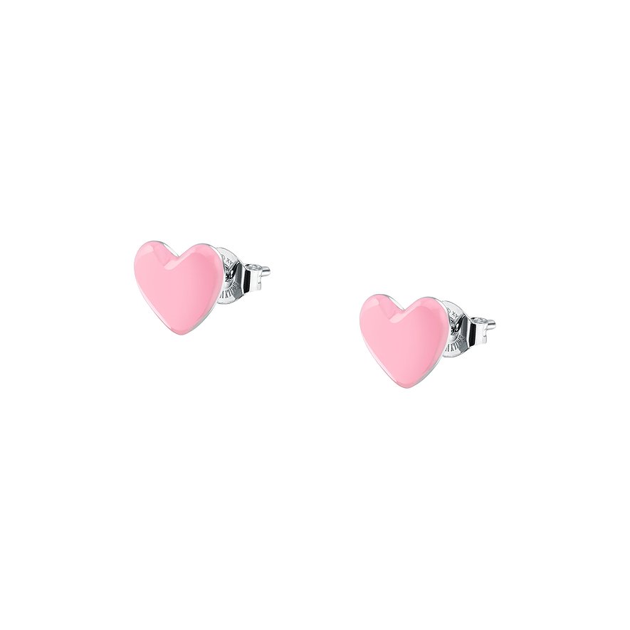 Zwei herzförmige Ohrstecker von La Petite Story aus 925er Silber mit rosa Emaille-Füllung