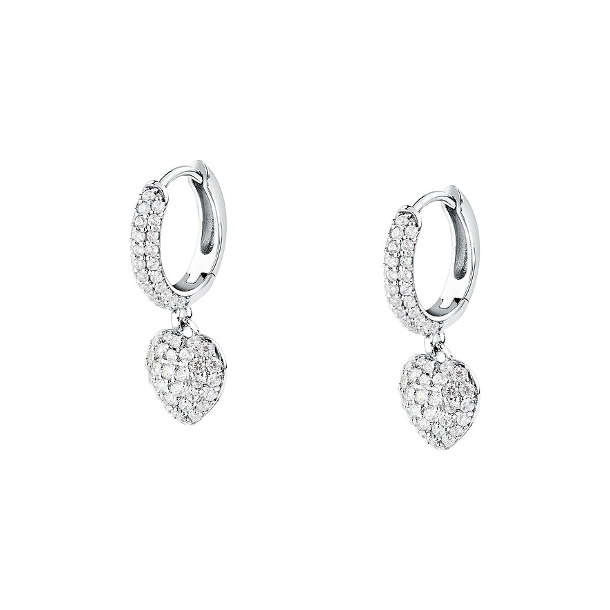 Ett par Morellato örhängen i återvunnet silver med gnistrande zirkon och hjärtformade hängen.