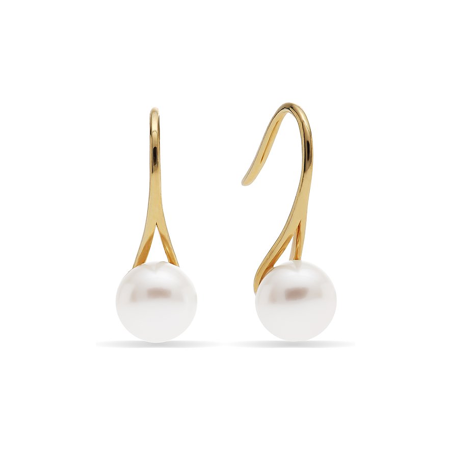 Boucles d'oreilles CHRIST en or jaune 585 avec perle blanche suspendue sous une forme dorée incurvée.